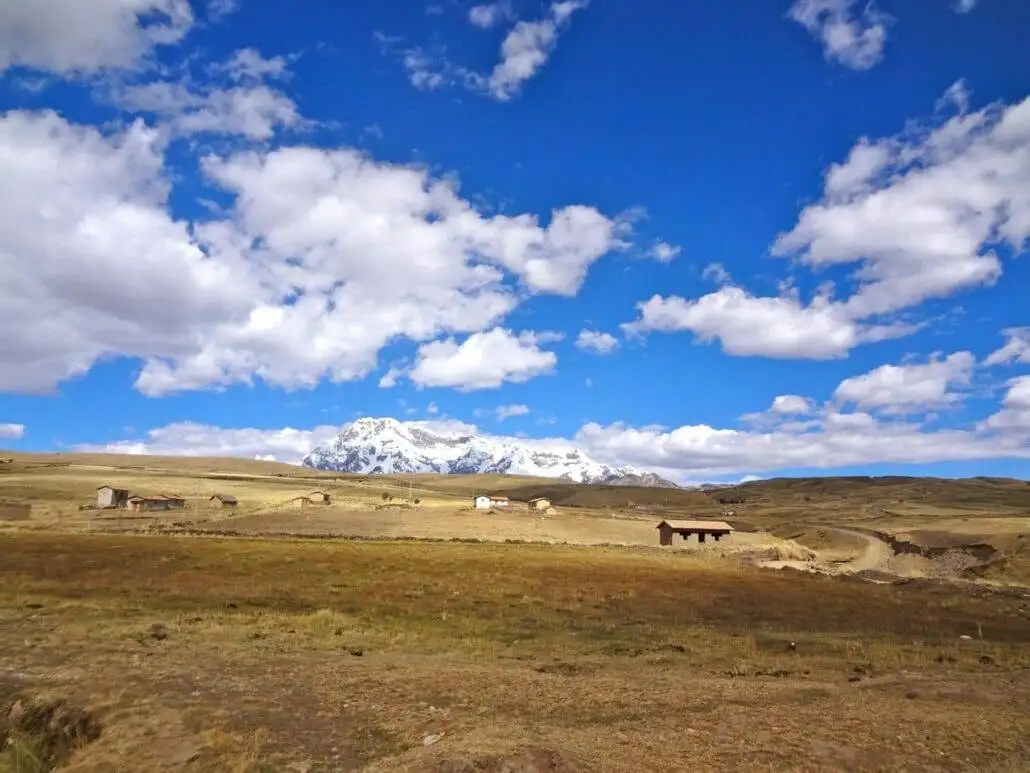 Apu Ausangate trekking through a scenic field with a majestic mountain backdrop.