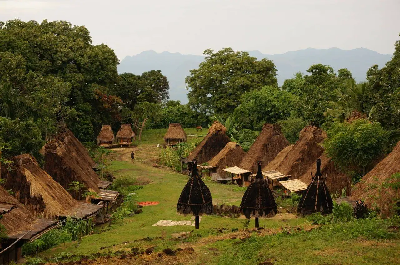 Traditional thatched-roof houses of Belaraghi village in the Ngada region of Flores, Indonesia, only reachable by motorbike and hike