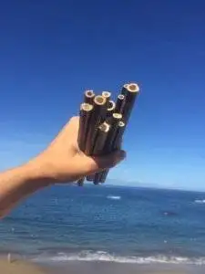A conscientious individual showcasing a collection of driftwood as unique and eco-friendly presents by the sea.