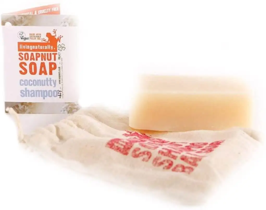 A bag-adorned bar of soap as a chemical-free shampoo alternative.