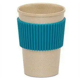 a disposable travel cup with a blue rim.