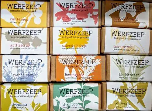Chemical-free soaps in a row on a shelf.