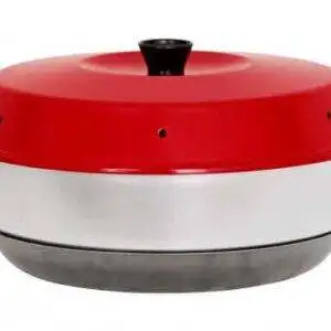 a red and white Omnia Oven on a white background.