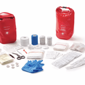 A First Aid Kit with gloves, bandages and other items.