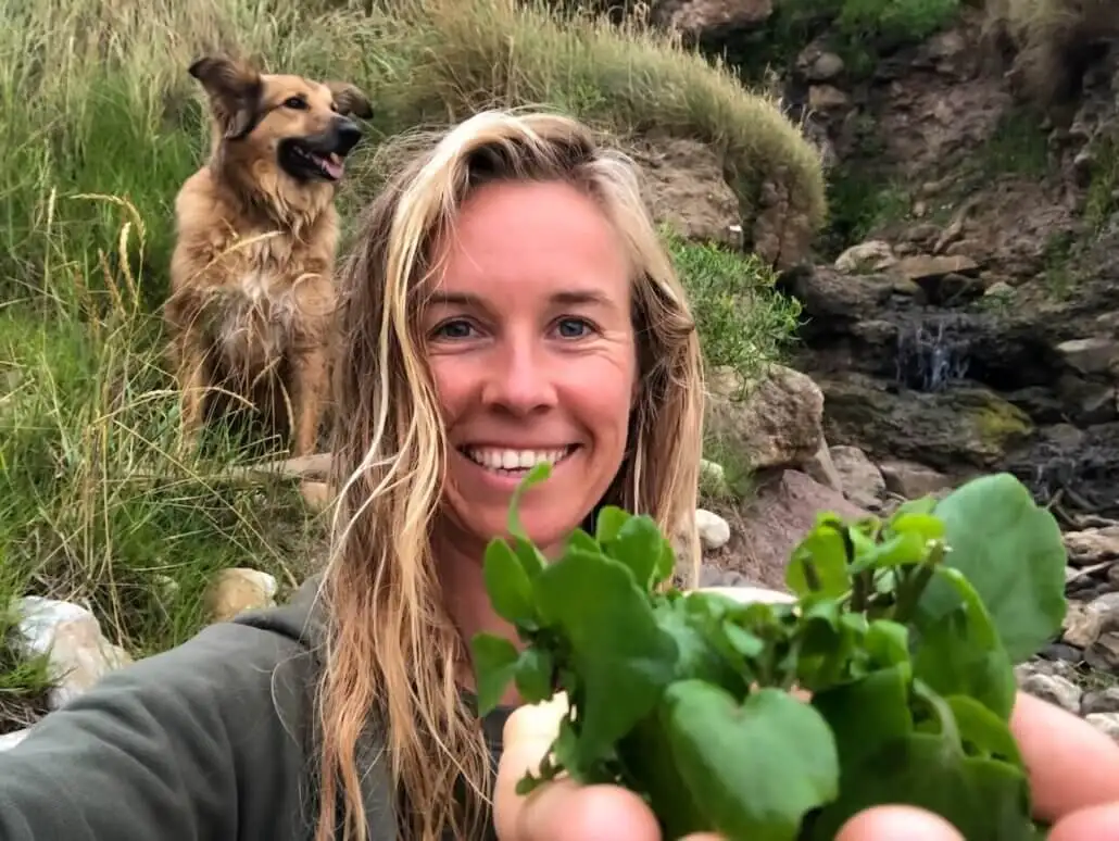 A woman holding a green leaf in front of a dog.
