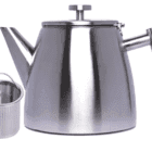 A stainless steel Best Teapot Ever with a metal strainer.