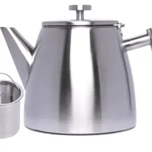 A stainless steel Best Teapot Ever with a metal strainer.