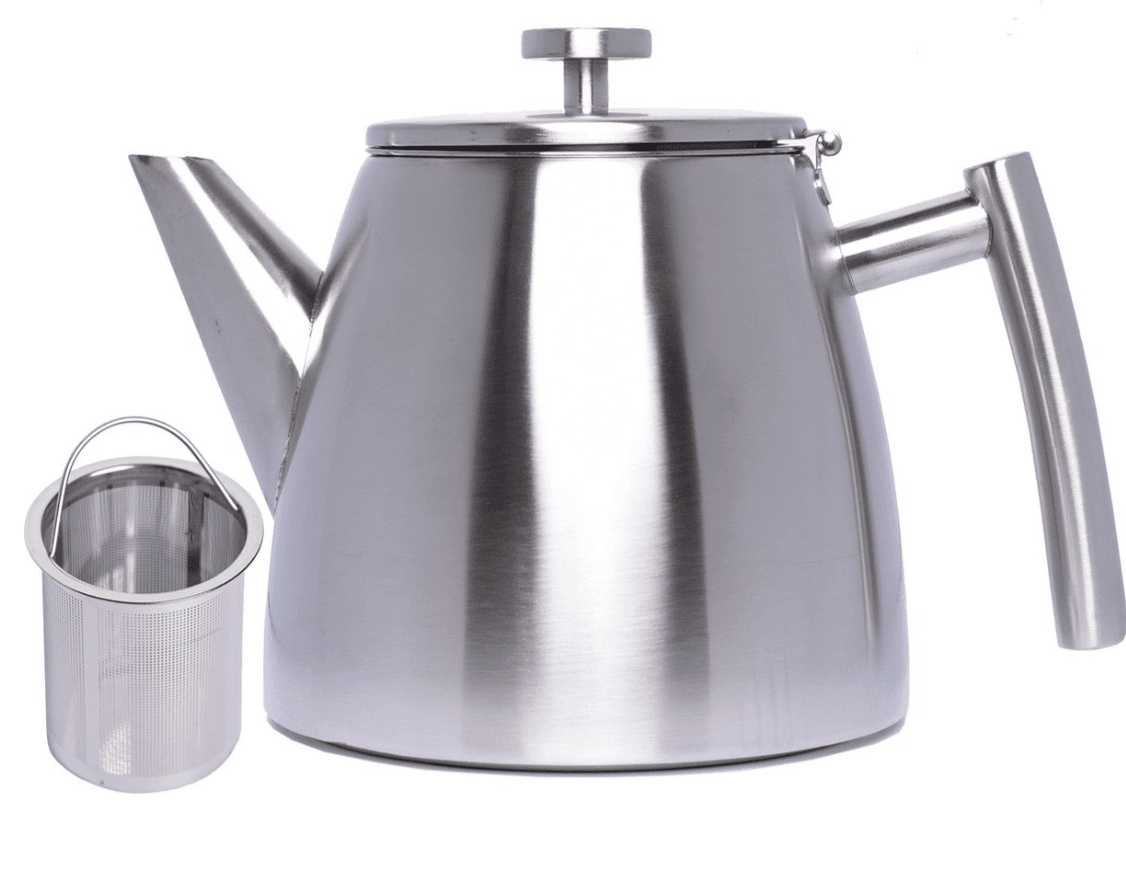 A stainless steel Best Teapot Ever with a metal strainer.