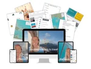 A woman is surrounded by a Sailboat Travel Crew Discovery Course, tablet, and phone.