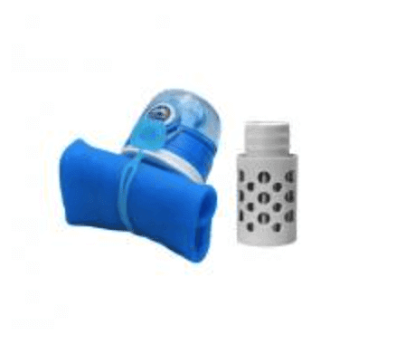 A Foldable Squeeze Bottle Maunawai with a blue filter and a white bottle.