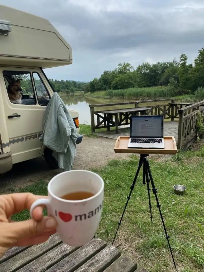 The digital nomad office setup in a campervan during vanlife travel.