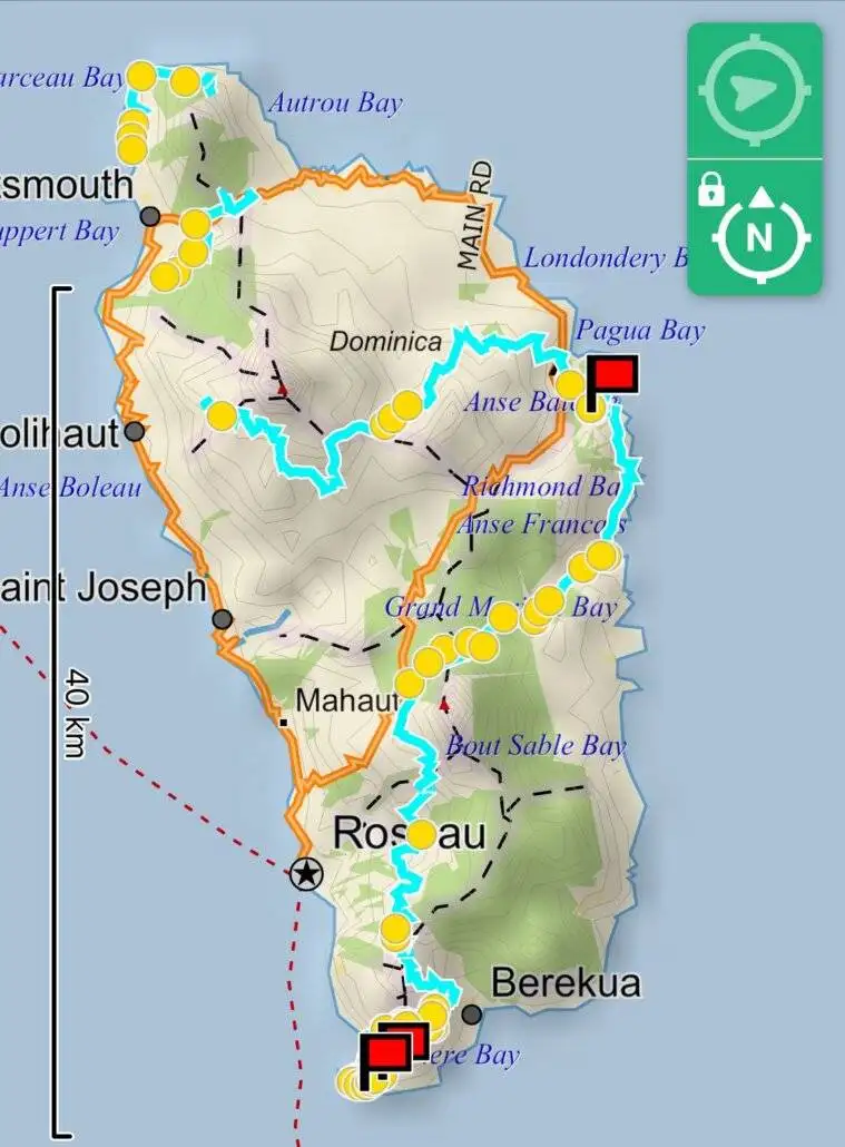 Map showing the Waitukubuli National Trail route across Dominica.