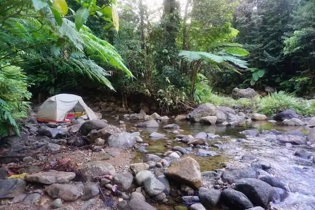 Tent pitched near a jungle stream on the Waitukubuli Trail.
