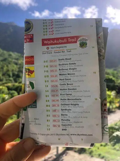 Waitukubuli National Trail segment distances and hiking times chart.