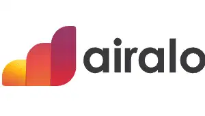 A logo with the text "Airalo Esim" in lowercase and a design of three curved, layered shapes in gradient colors ranging from yellow to purple on the left side.
