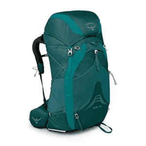 A teal and gray backpack with multiple compartments and adjustable straps, labeled "Backpack Osprey Eja 48L.