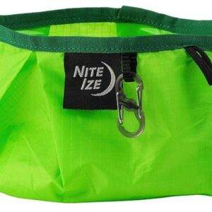 Bright green collapsible fabric UL Dogbowl with a black "Nite Ize" label and a metal clip on its edge.