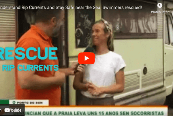 A reporter interviews a woman next to a camper van with "Rescue in Rip Currents" text overlay. A YouTube video title at the top reads "Understand Rip Currents and Stay Safe near the Sea. Swimmers rescued!.
