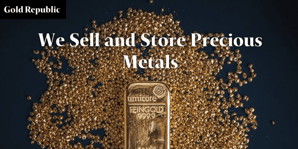 A gold bar labeled "umicore FEINGOLD 999.9" surrounded by small gold nuggets with the text "We Sell and Store Precious Metals" on a dark background.