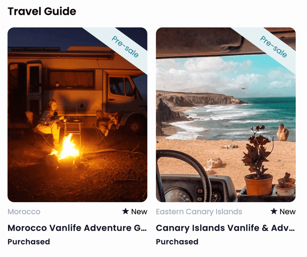 Two travel guide listings: one showing a person by a campfire near a camper van, the other a coastal view from inside a vehicle with a plant on the dashboard.