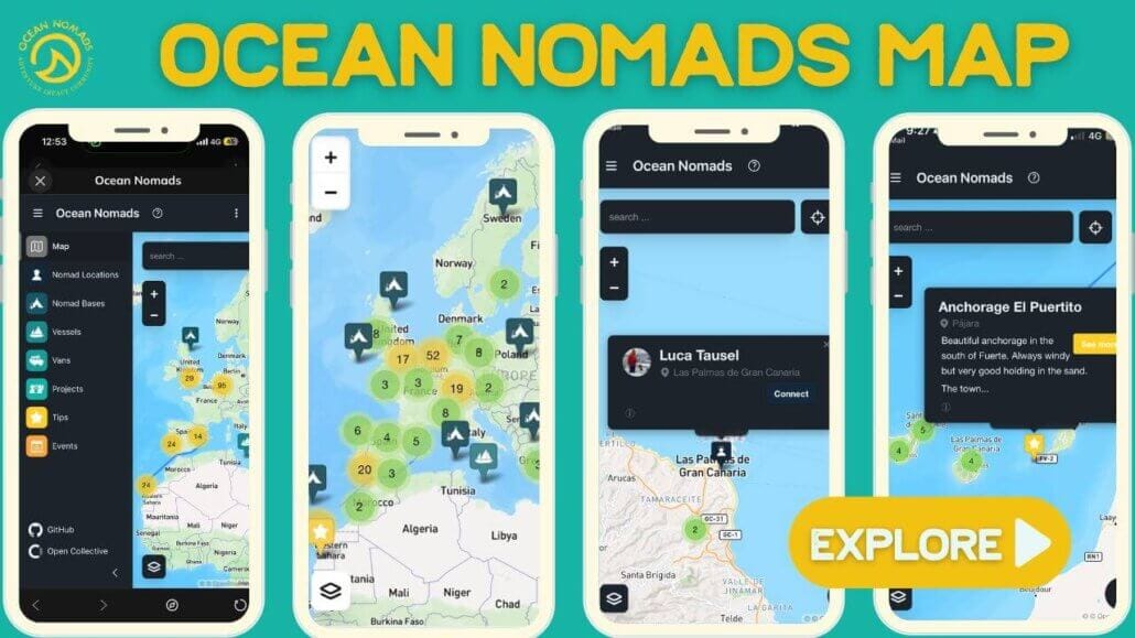 Four smartphone screens display the Ocean Nomads Map app interface with maps, user profiles, and location markers, set against a teal background with the text "OCEAN NOMADS MAP" and an "EXPLORE" button.