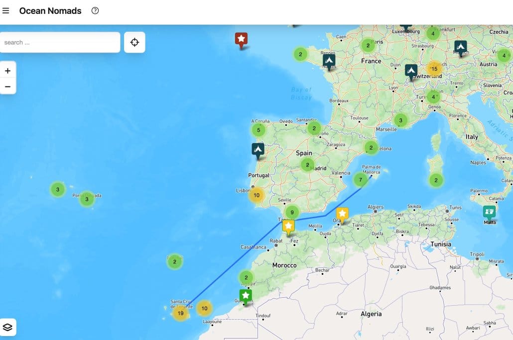 Interactive map showing Western Europe, Northwest Africa, and the Atlantic Ocean—perfect for planning journeys or finding destinations using the best house sitting websites 2026—with numbered markers, icons, and a blue route line from Portugal to Morocco.