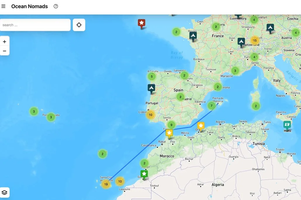 Interactive map showing Western Europe, Northwest Africa, and the Atlantic Ocean. Numbered markers for boats, vans and basecamps, plus a blue route line from Portugal to Morocco.