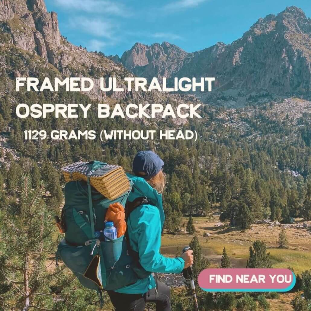Person wearing a large backpack stands in front of a mountainous landscape with pine trees, under clear blue sky. Text on image describes an ultralight Osprey backpack.