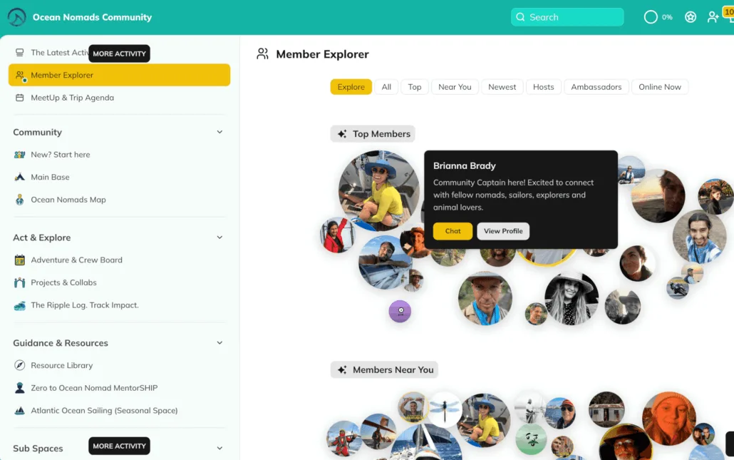 A web page showing the "Ocean Nomads Community" Member Explorer with circular profile images, navigation menus on the left, and a highlighted profile tooltip for Brianna Brady.