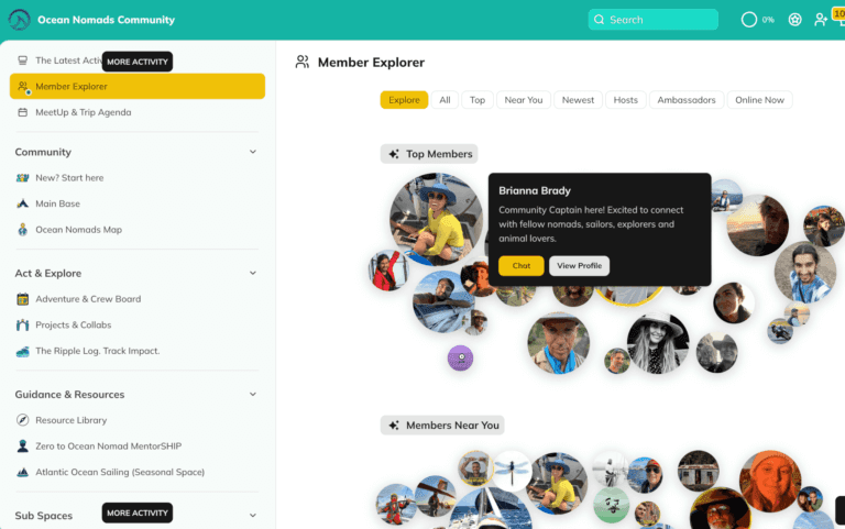 A web page showing the "Ocean Nomads Community" Member Explorer with circular profile images, navigation menus on the left, and a highlighted profile tooltip for Brianna Brady.