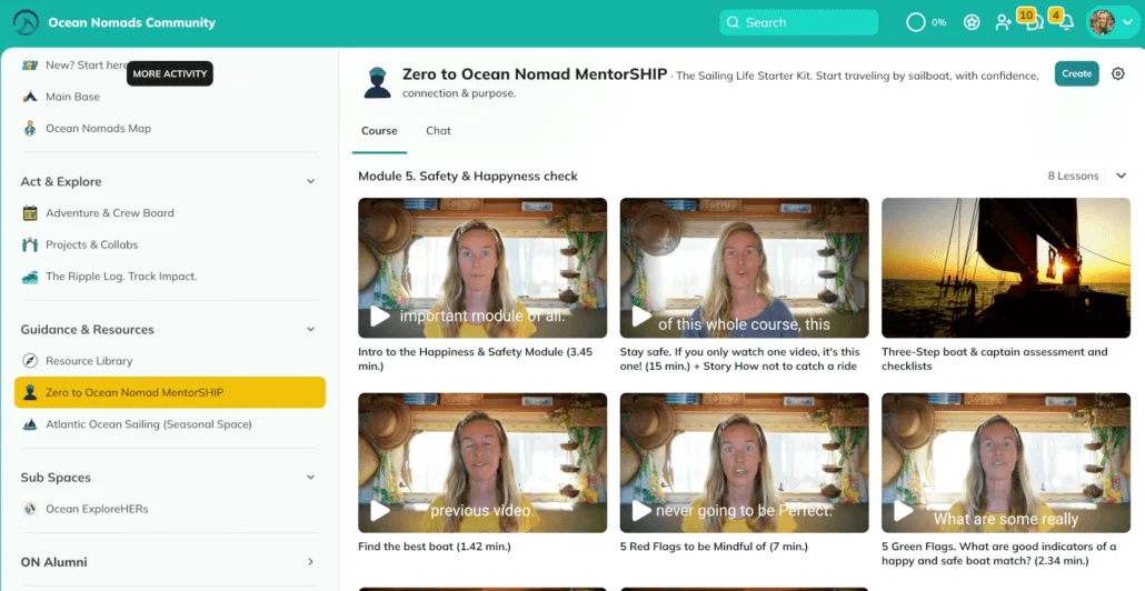 Screenshot of an online course platform showing video thumbnails and titles for the “Zero to Ocean Nomad Mentor-SHIP” sailing course, with a navigation menu on the left and featured videos on the right.