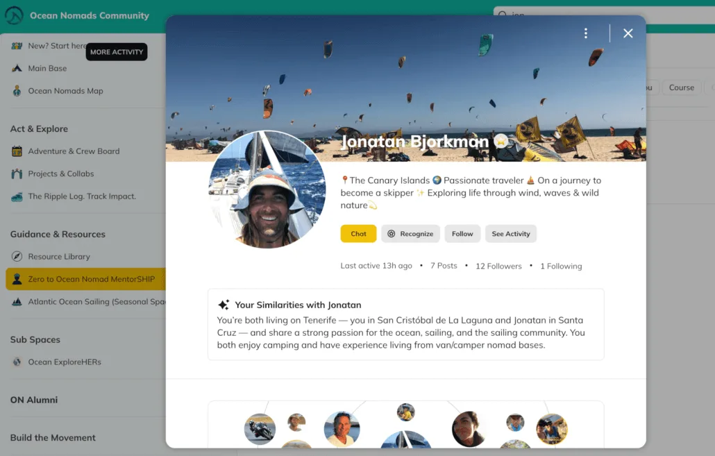 Profile pop-up for Jonatan Bjorkman in the Ocean Nomads Community platform, showing his profile photo, interests, and similarities with the user against a beach background with kitesurfers.