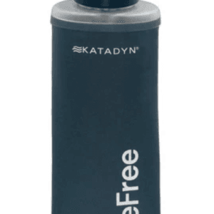 A dark blue Katadyn Be Free water filter bottle with a flip-top cap and white branding text on the front.