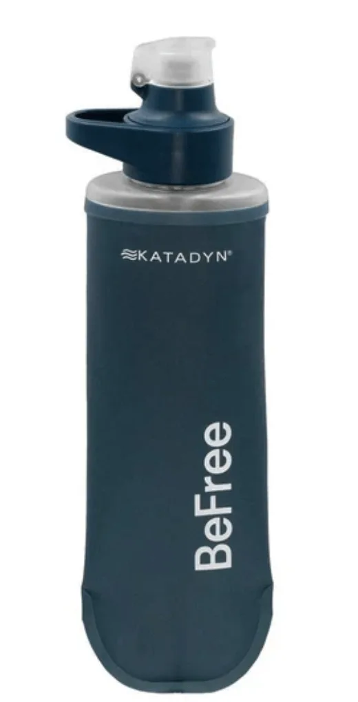 A dark blue Katadyn Be Free water filter bottle with a flip-top cap and white branding text on the front. A dark blue Katadyn Be Free water filter bottle with a flip-top cap and white branding text on the front.