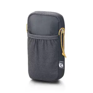 A compact, dark gray zippered pouch with a front elastic pocket, yellow drawstring pulls, and a small logo tag on the lower front right side.