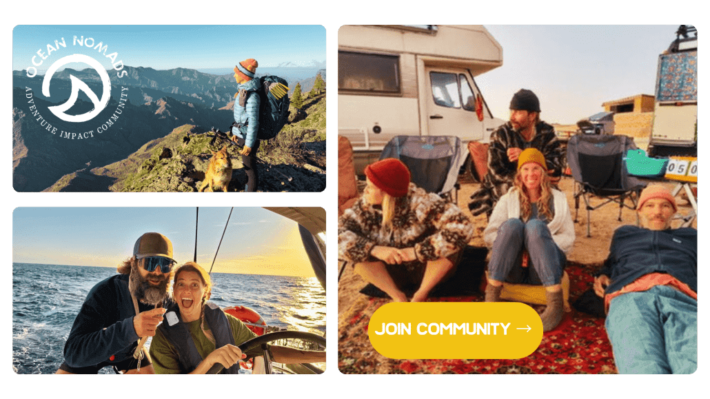 A collage of outdoor scenes: hikers with a dog on a mountain, people relaxing by camper vans, and a couple on a boat. Text reads “OCEAN NOMADS Adventure Impact Community” and “JOIN COMMUNITY.”.