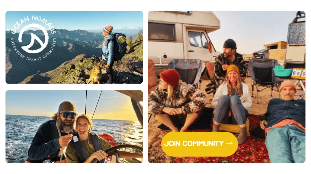 Ocean Nomads community: hikers with a dog on a mountain, people relaxing by camper vans, and a couple on a boat.