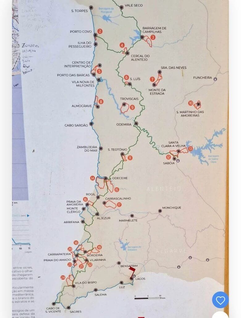 Map of the southwest coast of Portugal showing routes, towns, and points of interest from Cabo da Roca in the north to Sagres in the south.