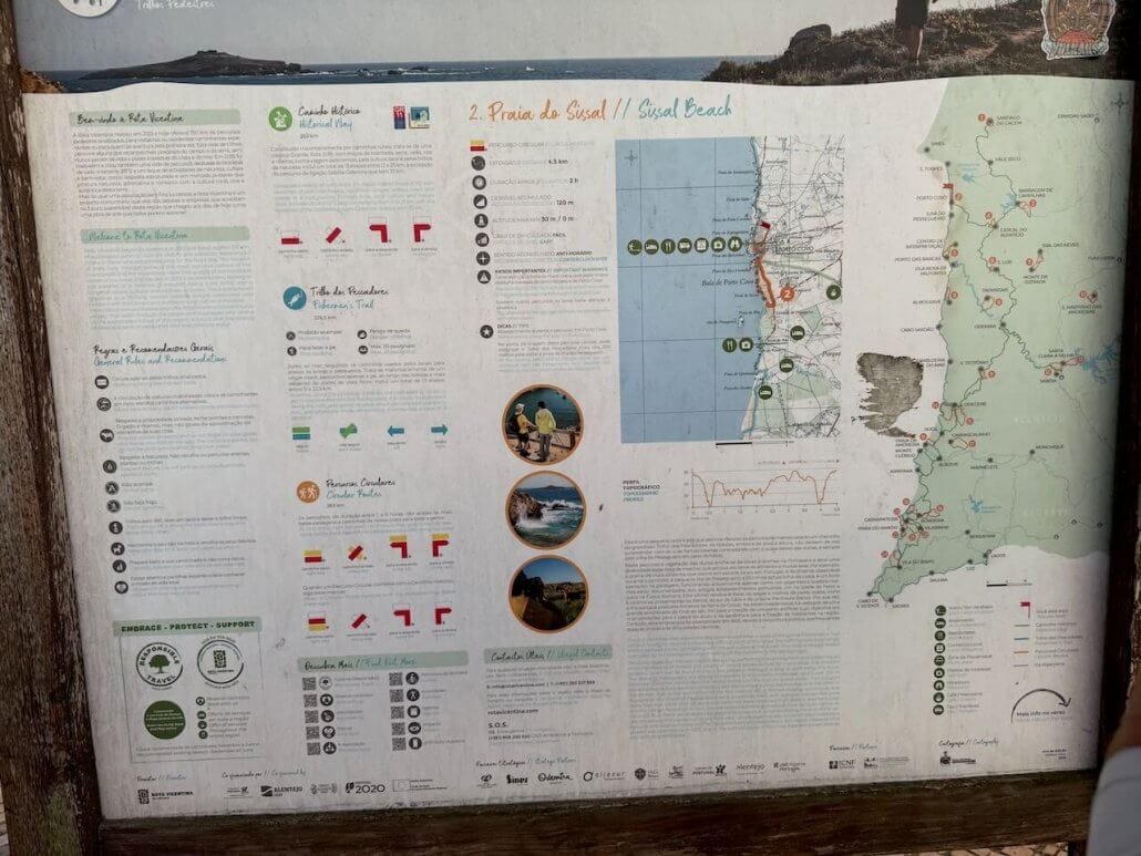 Information board displaying maps, charts, and details about Praia do Sissal/Sisal Beach, including coastal routes and key locations in Portugal.