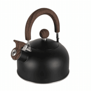 Black metal stovetop kettle with a dark wooden handle and knob, featuring a spout lever and a rounded body.