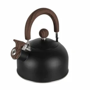 Black metal stovetop kettle with a dark wooden handle and knob, featuring a spout lever and a rounded body.