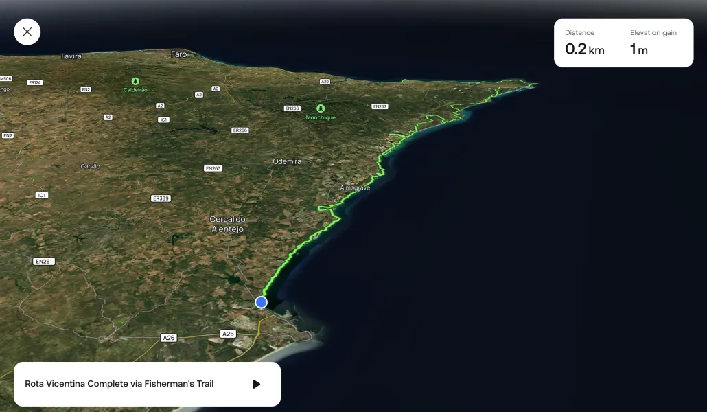 Fisherman's Trail map preview on AllTrails showing the Rota Vicentina coastal route.
