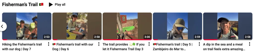 YouTube playlist thumbnails from the Fisherman's Trail daily vlog series.