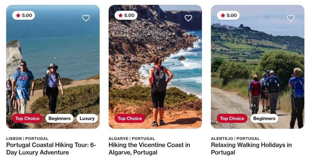 Three images of people hiking along scenic coastal and countryside trails in Portugal, with clear skies, rocky cliffs, and green landscapes in the background.