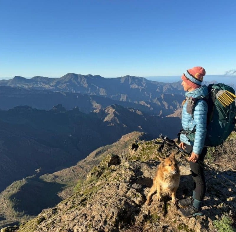A hiker with a backpack and a dog stands on a rocky mountain ridge, overlooking a vast landscape of mountains under a clear blue sky.