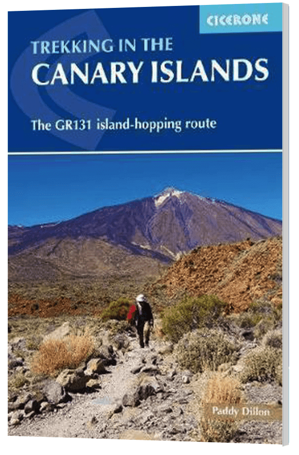 Book cover titled "Trekking in the Canary Islands: The GR131 island-hopping route" by Paddy Dillon, features a hiker walking on a rocky trail with a mountain in the background.