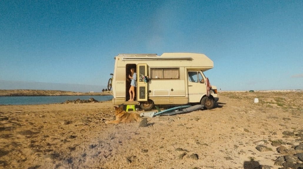 A woman stands in the doorway of a beige camper van parked on a sandy, rocky beach with a dog lying nearby and surfboards on the ground.