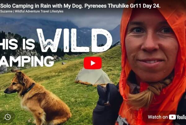 A woman in an orange hood and a dog sit near tents on a grassy hillside with mountains in the background. Text reads, "THIS IS WILD CAMPING.