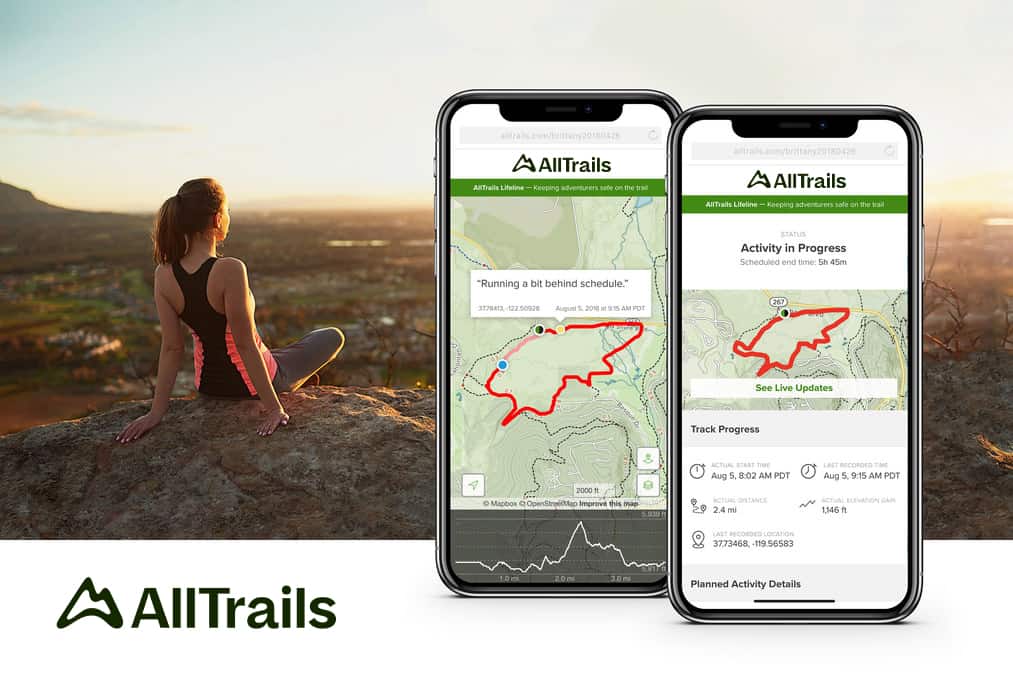 A woman sits on a rock overlooking a valley at sunset; two smartphones display the AllTrails app showing a hiking route and activity progress. AllTrails logo appears at the bottom.