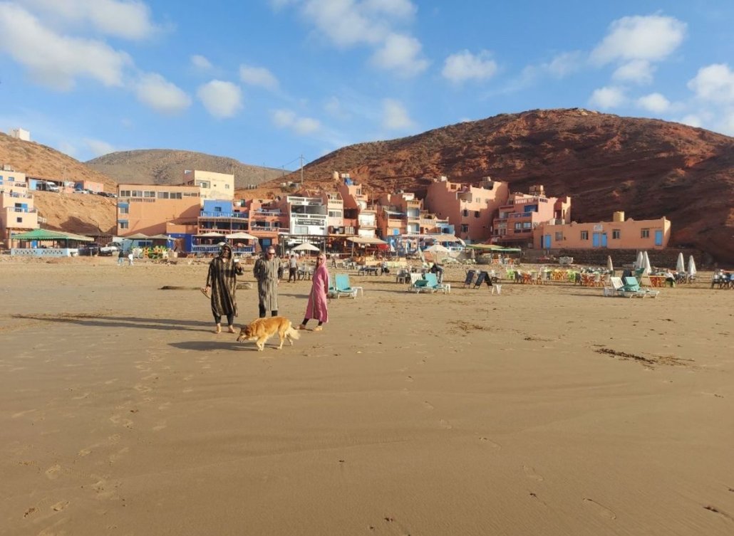 Colourful houses along Legzira beach, between Mirleft and Sidi Ifni